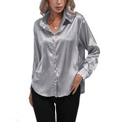 Kuukaas Satin Bluse Damen Elegant Grau Hemd Damen Langarm Business Oberteil Langarm Damen Einfarbig Büro Damen Outfits Langarmshirt Damen Elegant XL von Kuukaas