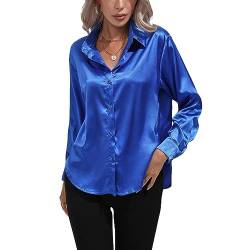 Kuukaas Satin Bluse Damen Elegant Marineblau Hemd Damen Langarm Business Oberteil Langarm Damen Einfarbig Büro Damen Outfits Langarmshirt Damen Elegant S von Kuukaas