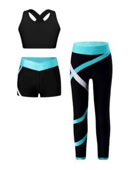 Kvysinly Kinder Mädchen Sportanzug Set Trainingsanzug Sport Outfit Jogginganzug Sportlich Weste Mit Shorts Leggings Sportbekleidung Yoga Workout Blau Grün 146-152 von Kvysinly