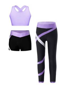 Kvysinly Kinder Mädchen Sportanzug Set Trainingsanzug Sport Outfit Jogginganzug Sportlich Weste Mit Shorts Leggings Sportbekleidung Yoga Workout Lavendel 110-116 von Kvysinly