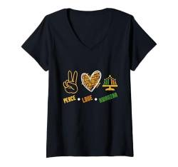 Damen Peace Love Kwanzaa Kinara Afroamerikaner Black Christmas T-Shirt mit V-Ausschnitt von Kwanzaa African American Pride Apparel