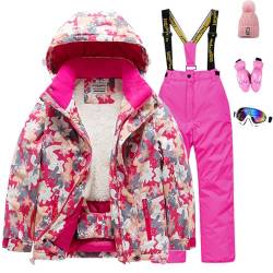 L PATTERN Skianzug Jungen 2 Teilig Skijacke und Skihose Gedickte Lammwolle Outdoor Schneeanzug für Kinder Wasserdicht Skioverall,Rosenrot+Rosenrot,134-140 von L PATTERN