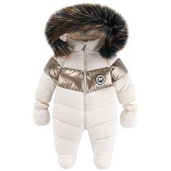 L SERVER Baby Overall Winter Jungen Fleece Dicke Schneeoverall Mädchen Winddichte Warme Schneeanzug Pelzkragen Kapuze Skianzug mit Handschuhen, Weiß, 68-74 von L SERVER