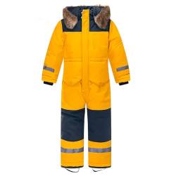 L SERVER Kinder Skianzug Jungen mit Kapuze Winddichte Wasserdichte Schneeoverall Mädchen Warmer Schneeanzug Dickere Skioverall mit Reflektierenden Streifen, Gelb, 134-140 von L SERVER