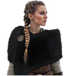 L'VOW Viking Kunstpelz Schal und Wrap für Frauen Pelz Stola mit mittelalterlicher Brosche Pelzkragen für LARP GoT Krieger Cosplay Kostüm (Schwarz) von L'VOW