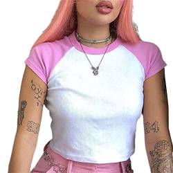 L&ieserram Y2K Fashion Style Crop Top Damen Sommer Oberteile Kurzarm Bauchfrei T Shirts Teenager Mädchen Vintage Look Sexy Party Clubwear E-Girl Streetwear (A Pink, S) von L&ieserram