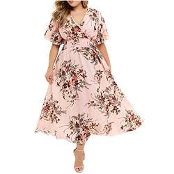 L9WEI Oversize Blumen Kleider Frauen V-Ausschnitt Kleid Sommerkleid Lose Chiffon-Kleid Casual Rock Damenkleid Großes Kleid Strandkleid von L9WEI