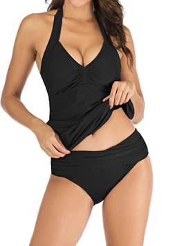 Laorchid Damen Push up Tankini Set zweiteilig Badeanzug Schwimmanzug bauchweg Strandmode Neckholder bademode Tankini v Ausschnitt Schwarz XL von LA ORCHID