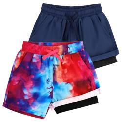 LACOFIA 2 Stück Jungen Badeshorts 2 in 1 Kinder Badehose mit Kompression Liner Schwimmhose mit Elastischer Taille Kinder Sommer Strand Shorts Schnelltrocknend Marineblau+Rot Druck 3 Jahre 98 von LACOFIA