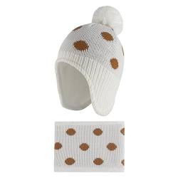 LACOFIA Baby Mädchen Wintermütze und Loop Schal Set Kleinkind Winter Warme Earflap Beanie Hut Kinder Fleece Futter Strickmützen und Schlauchschal Set Weiß 6-12 Monate S von LACOFIA