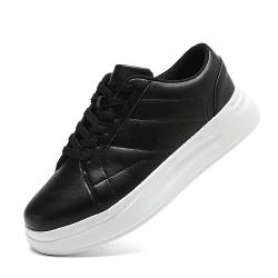 LANGFEUU Damen Turnschuhe Sneaker Flacher Absatz Leder Schuhe Wanderschuhe Straßenlaufschuhe rutschfest Frauen Halbschuhe Schwarz Weiß EU 38 von LANGFEUU