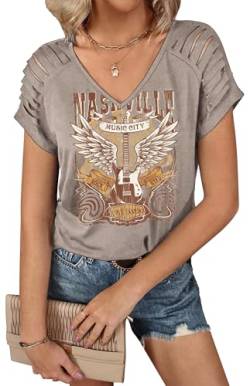 LANMERTREE T-Shirt mit V-Ausschnitt, Nashville-Outfits für Damen, lässig, lockeres Hemd, Country-Musik, Grafik-T-Shirt, Beige Grau, Groß von LANMERTREE