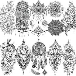 LAROI 10 Blätter Schwarz indisches Temporäre Tattoos Blume Für Frauen Mandala DreamCatcher Temporäre Erwachsene Aufkleber Mädchen Körperkunst Arm Tätowierung Spitzen Gefälscht Tatoos Hochzeit von LAROI