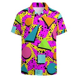 LARSD 80er Jahre Hemden für Herren 90er Jahre Button Up Hemd Vintage Retro Hawaii Strand Hemd Neon Disco Shirt Lustiges Partyhemd, 80er Jahre Geometrisches Rosa, XL von LARSD