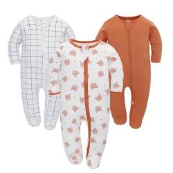 LAT LEE AND TOWN Neugeborenes Baby Jungen Mädchen Strampler mit Fuß Baby Schlafanzug Einteilige Lange Ärmel Overall Säuglings Frühling Herbst Body, 3er-Pack (9-12M, Orange) von LAT LEE AND TOWN