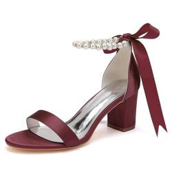 LBRYVTCE Damen-Highheels/Stabile Blockabsatz mit Runde Zehenkappe und Perlenschlitz - Hochzeits- Abendkleidungs- und Modeschuhe, Geschenke für Frauen,Burgundy,43 von LBRYVTCE