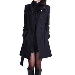 Damen Mantel Trenchcoat,Elegant Schwarz Umlegekragen Wollmantel Zweireihiger Longsleeve Große Größen Winddichter Lang Winter Einfarbige Wintermantel Verstellbare Damenmantel Übergangsmantel von LCpddajlspig