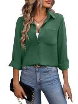 LEKOPUR Bluse Damen Langarm Damenblusen Sommer Longbluse Modern Blusenshirt Grün Hemd Musselin Blusen Oberteile Elegant V Ausschnitt Hemdbluse Tuniken Business Outfit von LEKOPUR