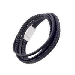 LEODYNE Geflochtenes Wickelarmband aus Leder in schwarz oder braun - Armband Herren mit Magnetverschluss aus Edelstahl Lederarmband Männer (L - 21.5cm, Schwarzes Leder, Edelstahlverschluss) von LEODYNE