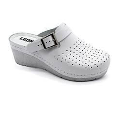 LEON 1000 Lederschuhe Clog Pantolette Komfortschuhe Hausschuhe, Damen, Weiß, EU 36 von LEON