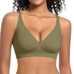 LEYSHE BH Damen ohne Bügel V-Ausschnitt Seamless BH Gepolsterter Push Up BH Bügelloser Soft BH mit Verstellbaren Trägern,Grün,M von LEYSHE