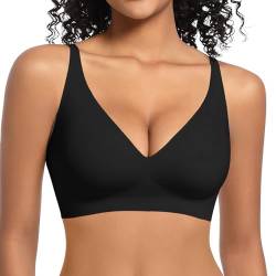 LEYSHE BH Damen ohne Bügel V-Ausschnitt Seamless BH Gepolsterter Push Up BH Bügelloser Soft BH mit Verstellbaren Trägern,Schwarz,2XL von LEYSHE