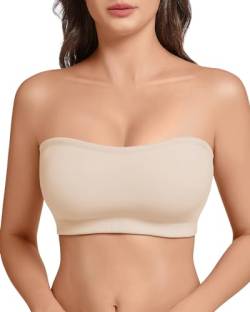 LEYSHE Trägerloser BH ohne Bügel für Damen Bandeau BH Nahtlose Tube Top BH Gepolsterter Bandeau Top mit Transparenten Trägern,Beige,S von LEYSHE