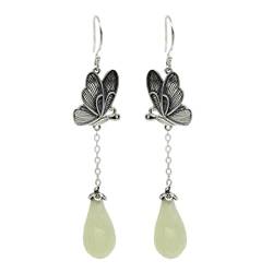 S925 Sterling Silber Vintage Intarsien Natürliche Jade und Weiß Magnolia Orchidee Ohrringe von LHIKAGF