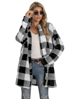 LIAMERHE Damen Fleecejacke Flanell Plaid Jacke mit Druckknopf Langarm Herbst Winter Warm Top Weiche Freizeitjacke Plüschjacke Wintermantel Teddyjacke für Frauen Parka Cardigan Schwarz-Grau M von LIAMERHE