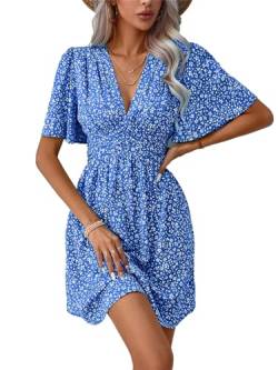 LIAMERHE Damen Kleid Elegant V-Ausschnitt Casual Kurze Ärmel Kleider A-Linie Sommerkleid Blumen Minikleid Freizeitkleider Schmetterlingsärmel Kleid Himmelblau XL von LIAMERHE