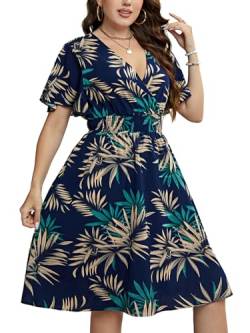 LIAMERHE Damen Übergröße Kleid Elegant V-Ausschnitt Große Größen Casual Kurzarm Kleider A Linie Sommerkleid Blumenmuster Mode Freizeitkleider von LIAMERHE