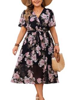 LIAMERHE Damen Übergröße Kleid Elegant V-Ausschnitt Große Größen Casual Kurzarm Kleider A Linie Sommerkleid Blumenmuster Mode Freizeitkleider von LIAMERHE