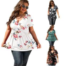 LIAMERHE Damen Übergröße V-Ausschnitt Oberteil Sommer Elegantes Casual Kurzarm A-Linien Tops Floral Blouse Große Größen Elastische Taille Shirts Weiß 3XL von LIAMERHE