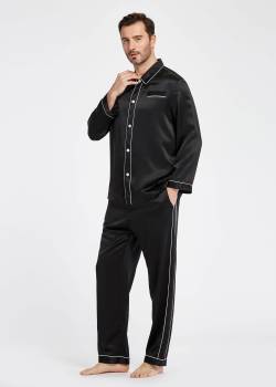 LILYSILK Pyjama Herren Seide Schwarz Deutschland Charmeuse Seide Mit Doppelreihigen Paspeln Atmungsaktiv Superleicht S von LILYSILK