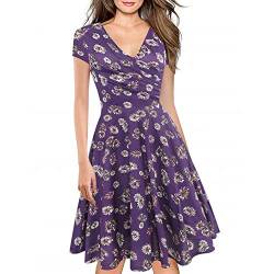 Women's Criss-Cross Necklines V-Neck Cap Sleeve Floral Casual Work Stretch Swing Summer Dress Party Dress Purple Floral(L) von LINCMAN