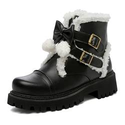 LIPIJIXI DaHerren Süss Cosplay Lolita Warm Gefüttert Knöchel Stiefel Schnalle Strap Warm Gefüttert Schneestiefel Runde Zehen M?dchen Kurze Stiefel Bowtie Winterstiefel Black Size 36 von LIPIJIXI