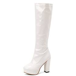 LIPIJIXI DaHerren Thick Heel GOGO Stiefel Runde Zehen Chunky Heels Mid Calf Stiefel Elegant Buro Knee Höhe Stiefel Plateau Retro Stiefel Lack White Size 40 von LIPIJIXI