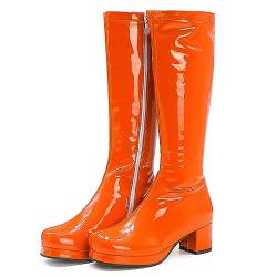 LIPIJIXI Orange Knee Höhe Stiefel GoGo Stiefel of the 70s Runde Zehen Disco Stiefel Absatz Chunky Plateau Stiefel Lack Side Zipper Höhe Stiefel Size 42 von LIPIJIXI