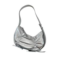 LIUANDS Niedliche Damen-Unterarmtasche mit Schleife, PU-Leder, plissiert, modisch, einfarbig, Schultertasche, kleine Handtasche, silber von LIUANDS