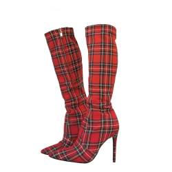 Damen-Stiletto-High-Heels, Klassische rote Kniestiefel, Herbst-/Winterstiefel mit halbhoher Wade. Hohe Stiefel für Frauen bei der Arbeit, Partys, Hochzeiten,Rot,42 EU von LIUGUISUOCHBH