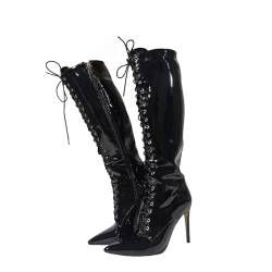 Damen-Stiletto-High-Heels, Kniehohe Schnürstiefel, Herbst-/Winterstiefel mit mittlerer Wade. Hohe Stiefel für Damen bei der Arbeit, Party, Hochzeit,Schwarz,41 EU von LIUGUISUOCHBH