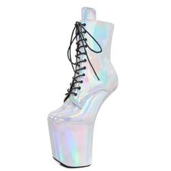 LIUGUISUOCHBH 8 Zoll hohe, absatzlose Plateaustiefeletten für Damen in glänzendem Silber. Extrem hohe Absätze für Stripper-Tanz. Cosplay-Schuhe für Männer. Pole Dance-Schuhe,Silber,38 EU von LIUGUISUOCHBH