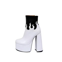 LIUGUISUOCHBH Damenstiefel mit Blockabsatz, runder Zehenpartie und halbhoher Plateausohle. Winterstiefel für Damen. Schuhe in Übergröße für Cosplay-Queen-Partys,Weiß,40 EU von LIUGUISUOCHBH