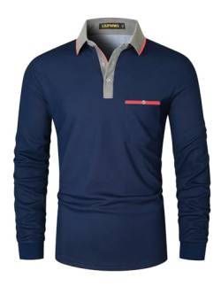 LIUPMWE Herren Poloshirt Langarm Klassische Kontrastfarbe Streifen Stitching Golf Tennis Poloshirts,Blau-08,M von LIUPMWE