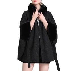 LIUYUYOUGO Poncho Damen Kunstpelz Wickelschal Damen Große Cape Stola Mit Pelzkragen Gürtel Strickponcho Mantel Eleganter Warmer Strickjacke Pullover Winter Wollmantel Ruana Umhang Schwarz von LIUYUYOUGO