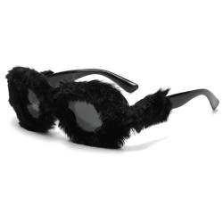 LJCZKA Flauschige Katzenaugen-Sonnenbrille für Frauen – weiches Fell Samt Sonnenbrille Plüsch flauschige Schattierungen flauschige Festival Party Abschlussball lustige Punk-Brille (Schwarz / Schwarz) von LJCZKA