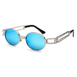 LJTJTAV Modische runde Sonnenbrille für Damen und Herren, Vintage, Metallrahmen, Steampunk-Sonnenbrille, UV400, Silber, BlueMirror, Einheitsgröße von LJTJTAV