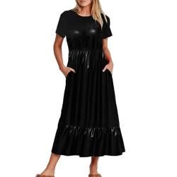 Damenkleid, kurze Ärmel, langes Kleid, Rüschensaum, Leder, personalisierbar, 3XL, Metall Zink Eisen, Amazonit von LKHFNBMUDCSX