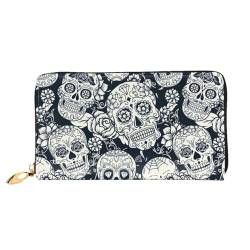 LKLDDPZB Lange Leder-Clutch-Geldbörse mit floralem Totenkopf-Druck, modisch schick und langlebig, mit doppelseitigem Druckdesign, Schwarz , Einheitsgröße von LKLDDPZB