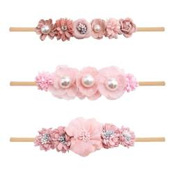 LKXHarleya 3-teiliges Set mit Blumen-Stirnband für Mädchen, Neugeborene, Babys, elastisches Blumen-Haarband für Kleinkinder, weiches Nylon, Haarbänder für Kinder von LKXHarleya